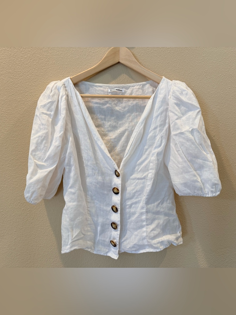Reformation White Linen Puff-Sleeve Button Blouse